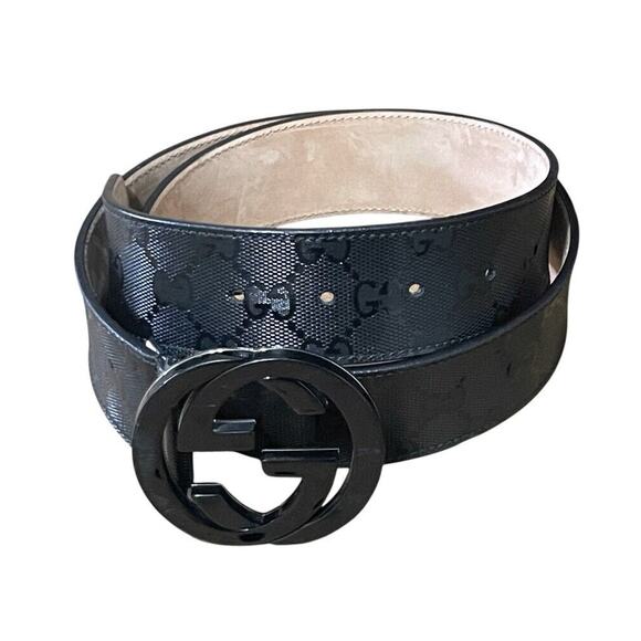 Gucci Belt Mens Size 34/85 Black Imprime Monogram GG Buckle Emblem Italy Made - Picture 1 of 8
